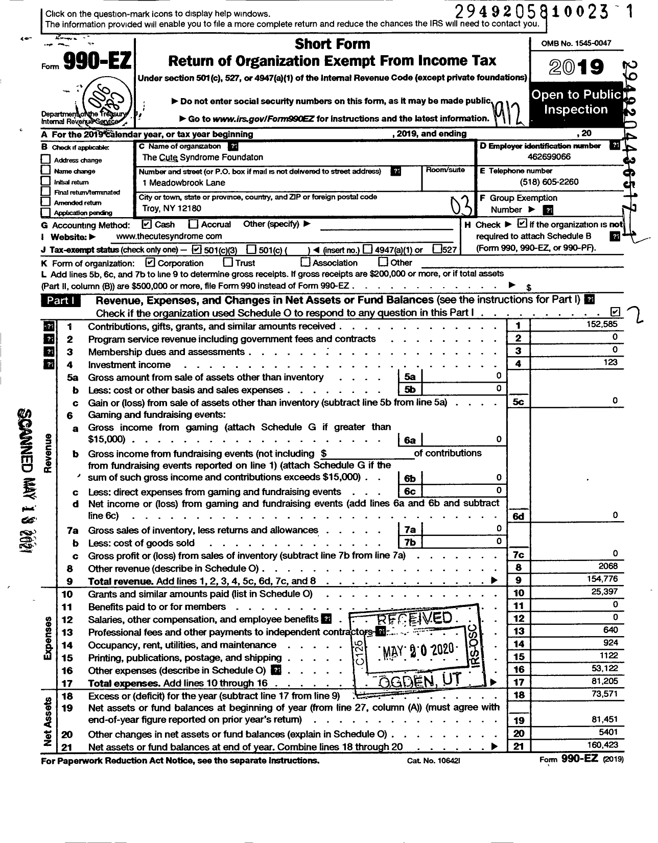 Image of first page of 2019 Form 990EZ for The Cute Syndrome Foundation