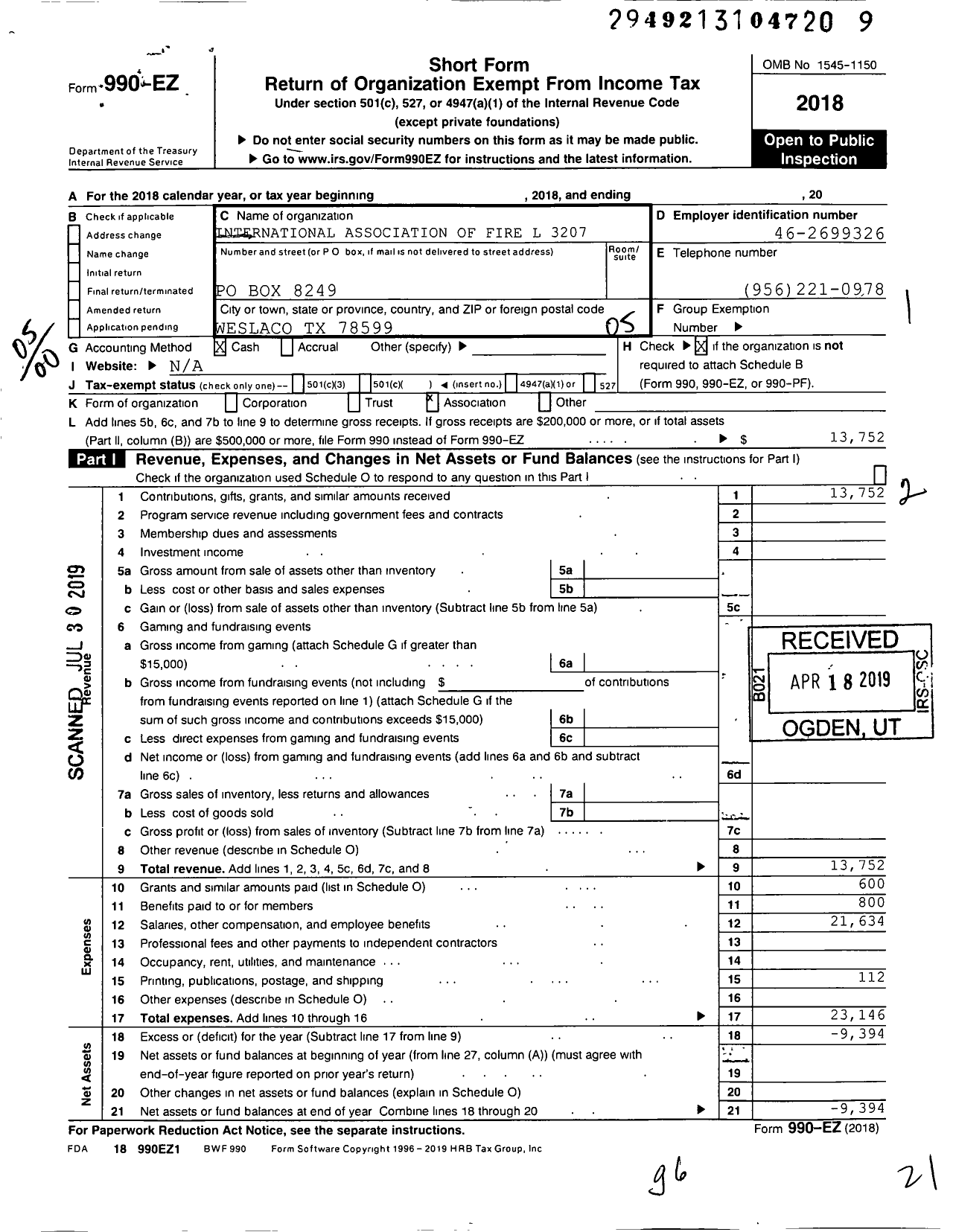 Image of first page of 2018 Form 990EO for International Association of Fire Fighters - L3207 Weslaco