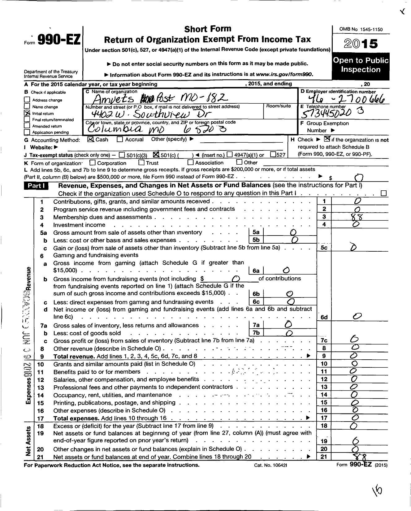 Image of first page of 2015 Form 990EO for Amvets - 182 Mo
