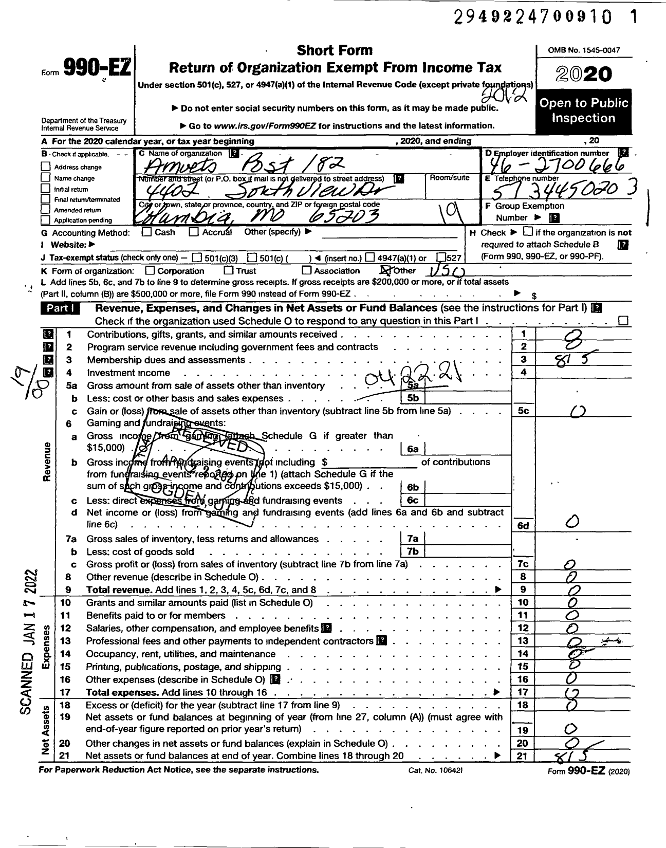 Image of first page of 2020 Form 990EO for Amvets - 182 Mo