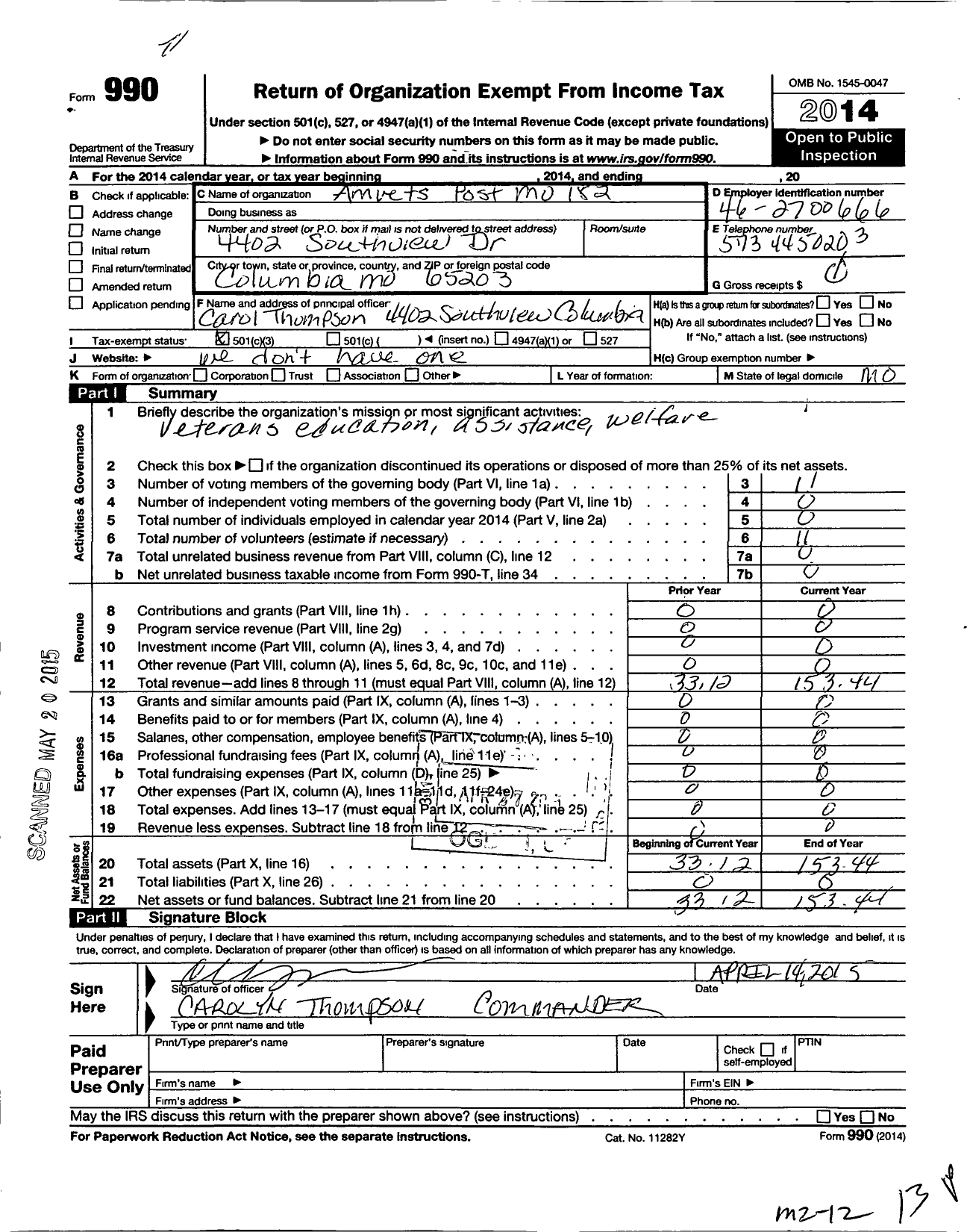 Image of first page of 2014 Form 990 for Amvets - 182 Mo