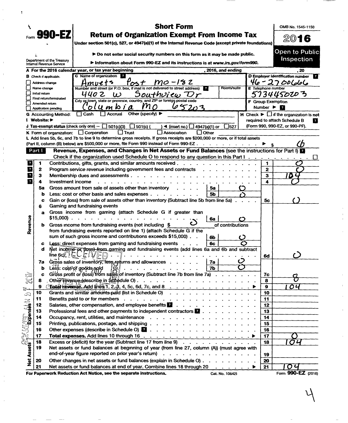 Image of first page of 2016 Form 990EO for Amvets - 182 Mo