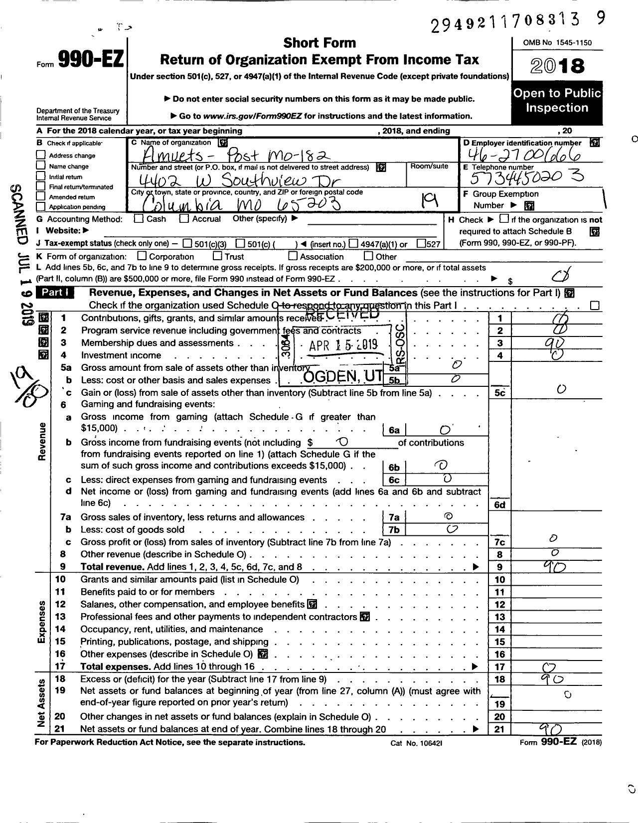 Image of first page of 2018 Form 990EO for Amvets - 182 Mo