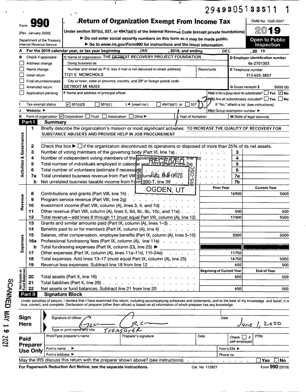 Image of first page of 2019 Form 990 for Detroit Recovery Project Foundation