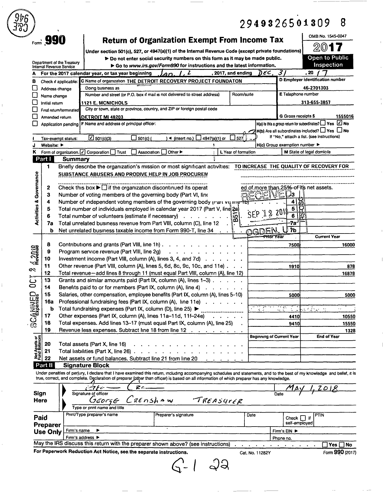 Image of first page of 2017 Form 990 for Detroit Recovery Project Foundation