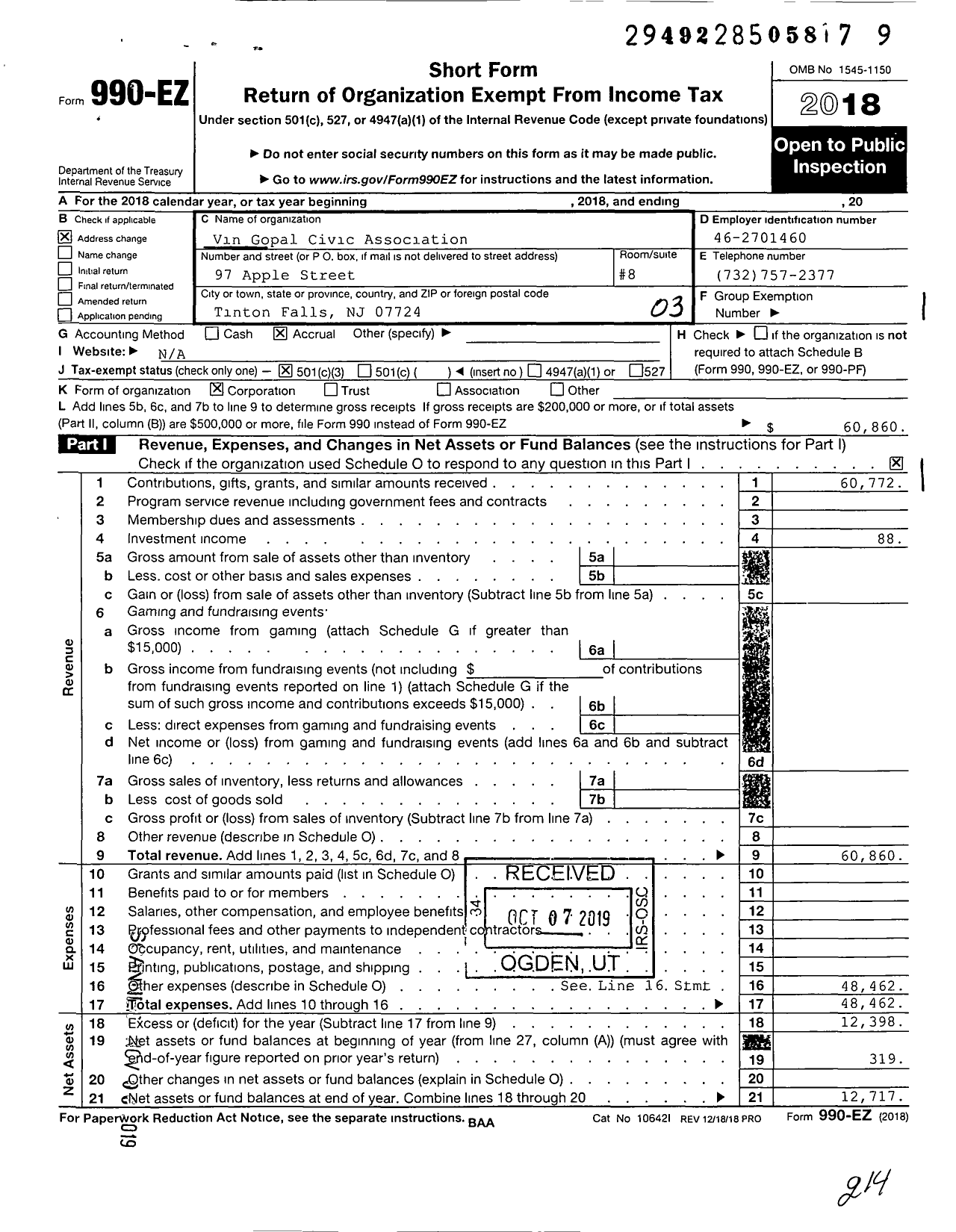 Image of first page of 2018 Form 990EZ for Vin Gopal Civic Association