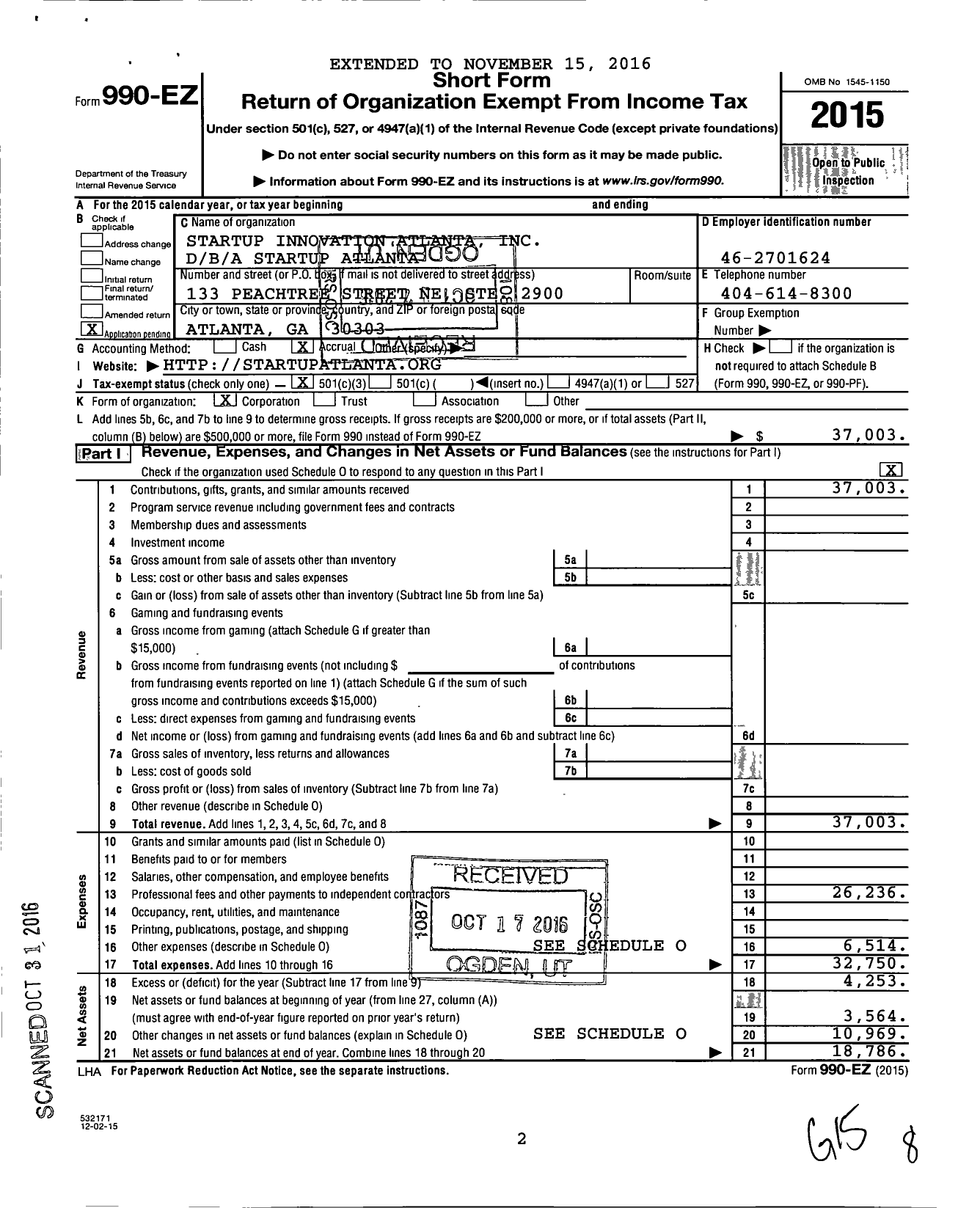 Image of first page of 2015 Form 990EZ for STARTUP Atlanta