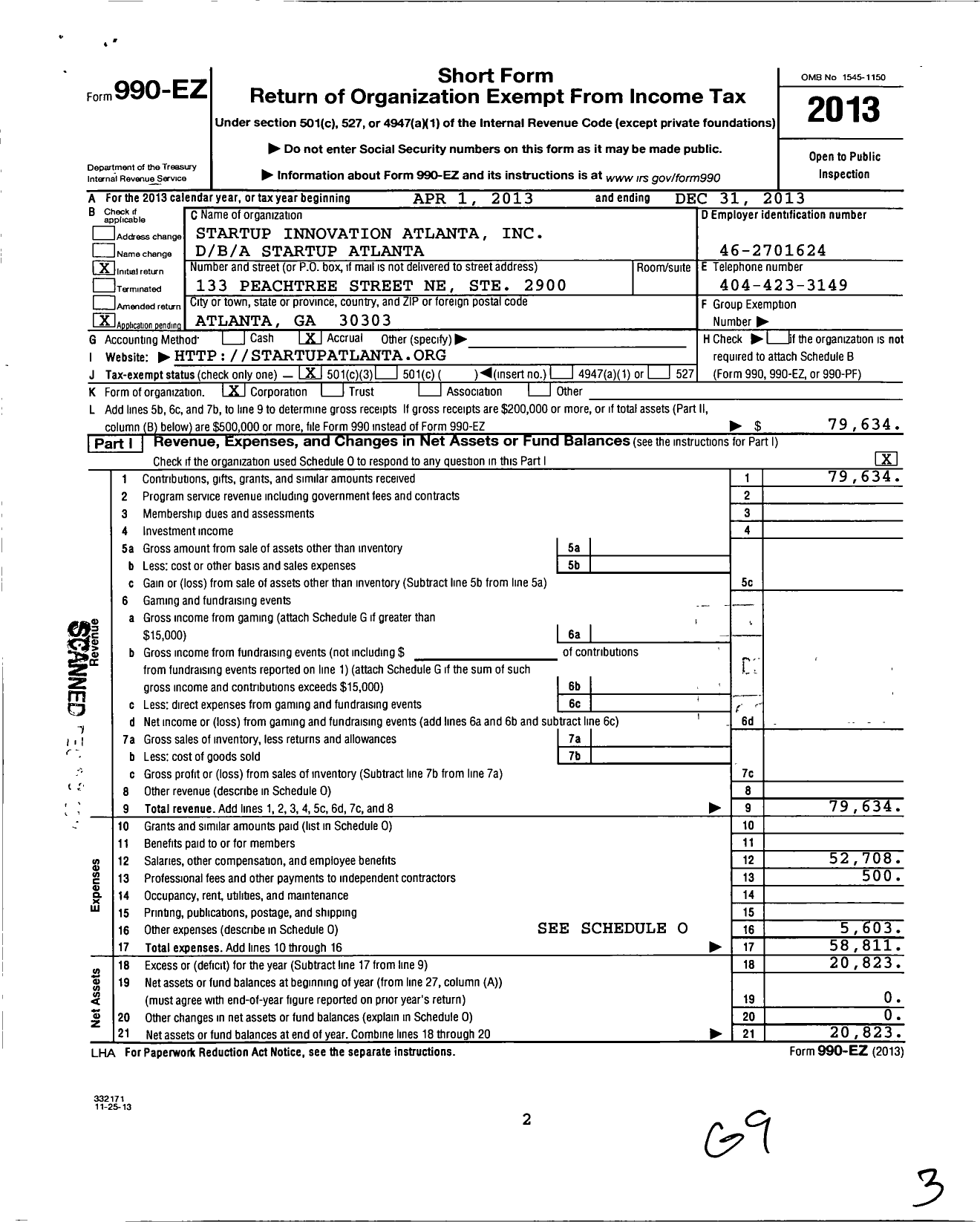 Image of first page of 2013 Form 990EZ for STARTUP Atlanta