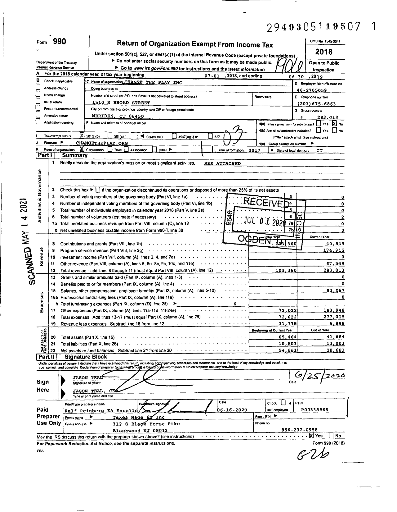 Image of first page of 2018 Form 990 for Change the Play