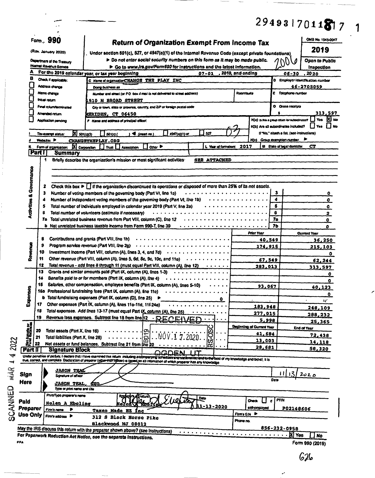 Image of first page of 2019 Form 990 for Change the Play