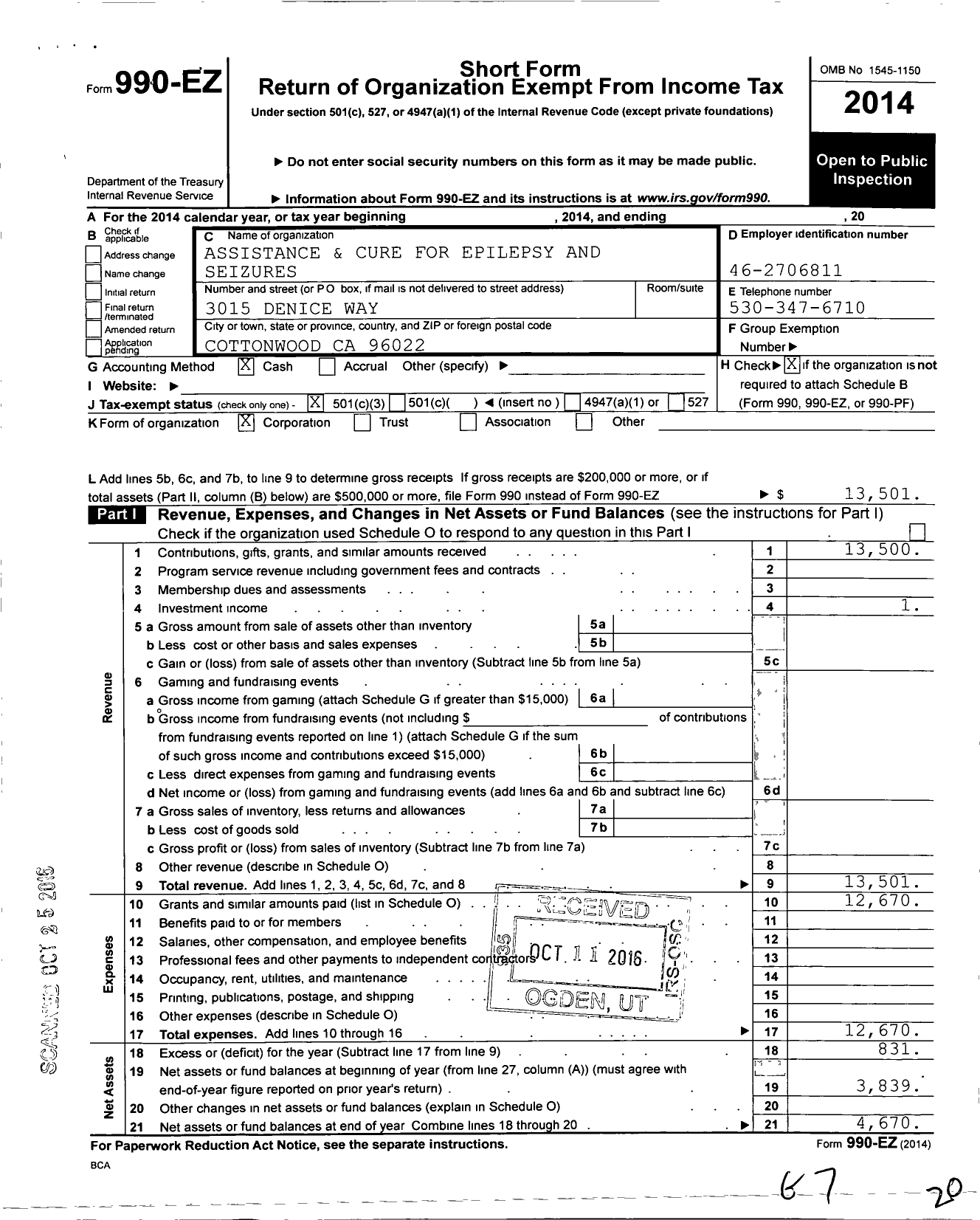 Image of first page of 2014 Form 990EZ for Assistance and Cure for Epilepsy and Seizures