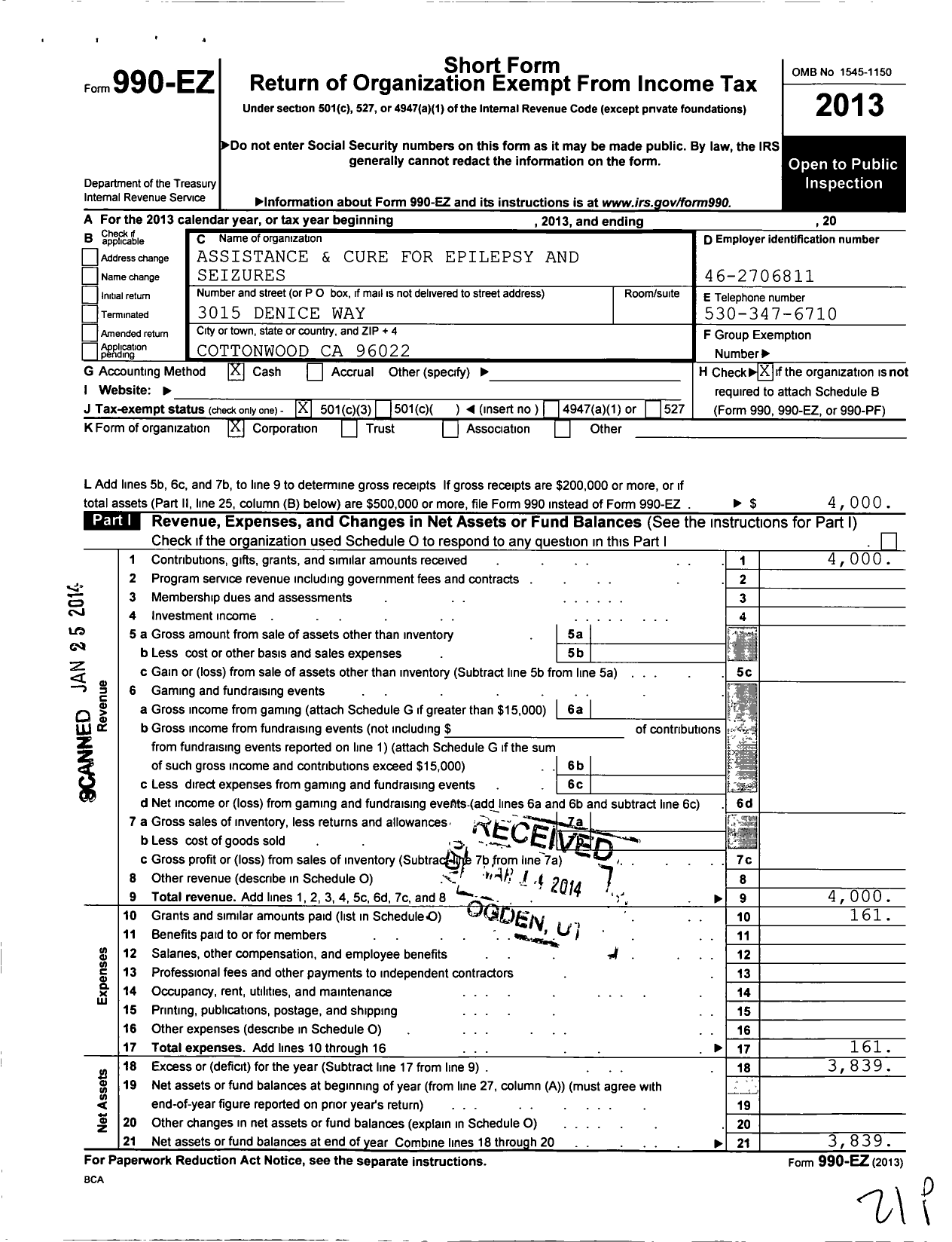 Image of first page of 2013 Form 990EZ for Assistance and Cure for Epilepsy and Seizures