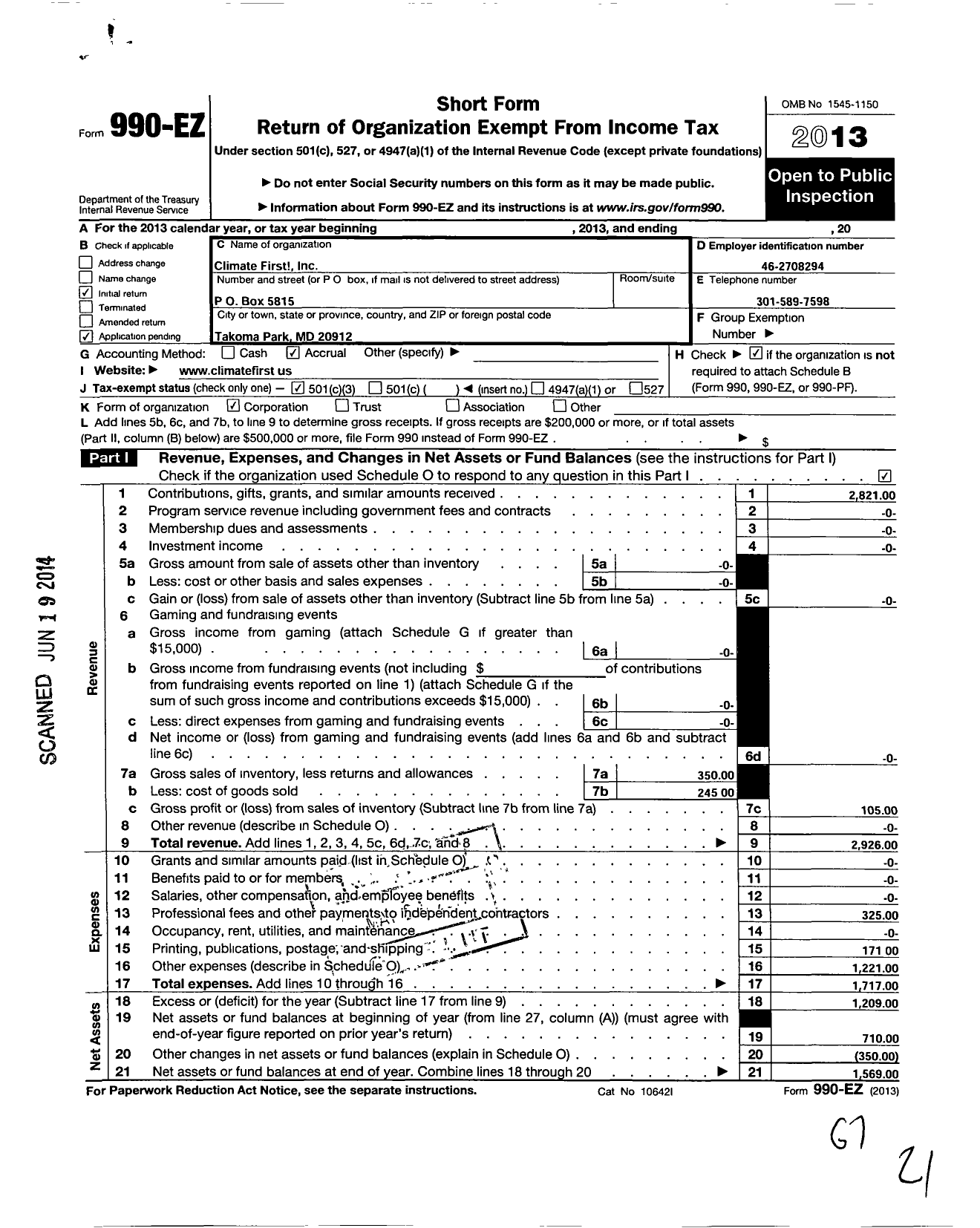 Image of first page of 2013 Form 990EZ for Climate First