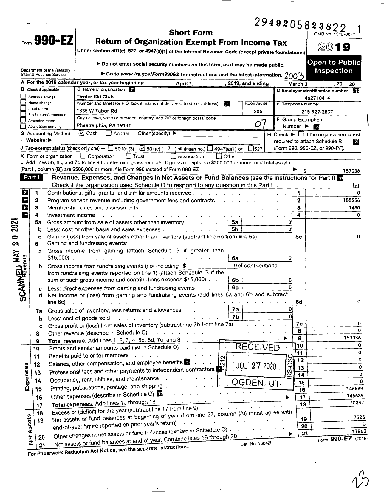 Image of first page of 2019 Form 990EO for Tiroler Ski Club