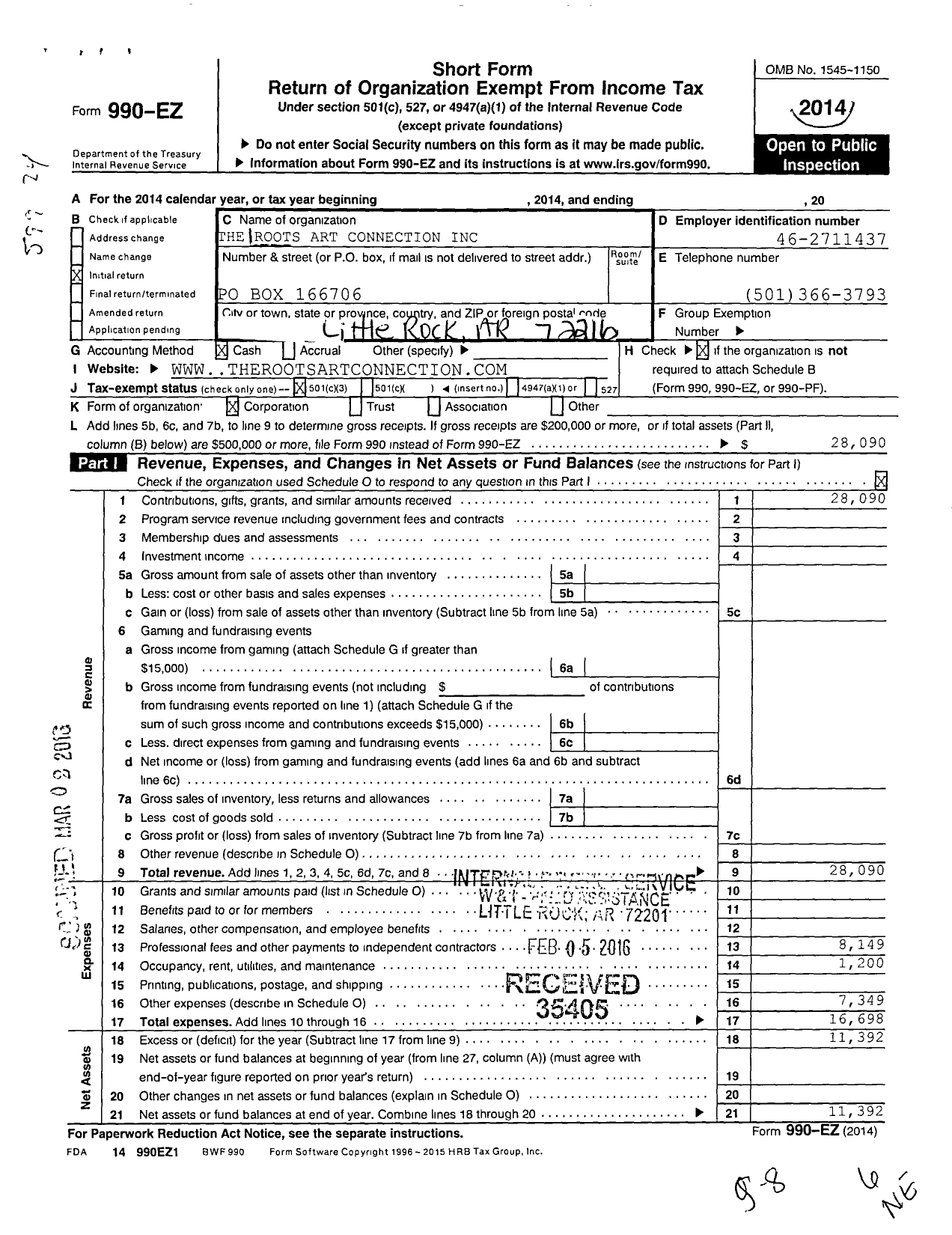 Image of first page of 2014 Form 990EZ for The Roots Art Connection