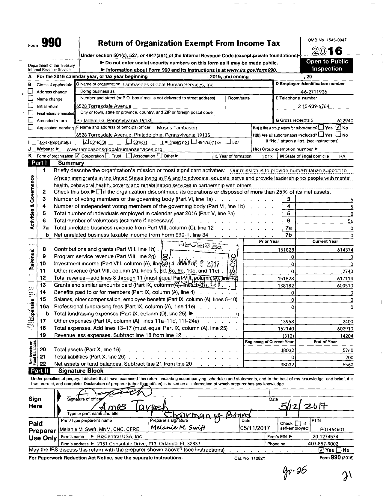 Image of first page of 2016 Form 990 for Tambasons Global Human Services