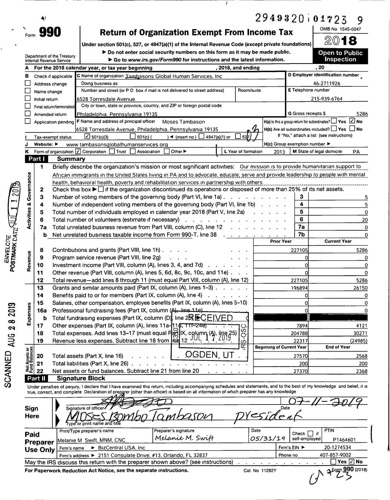 Image of first page of 2018 Form 990 for Tambasons Global Human Services