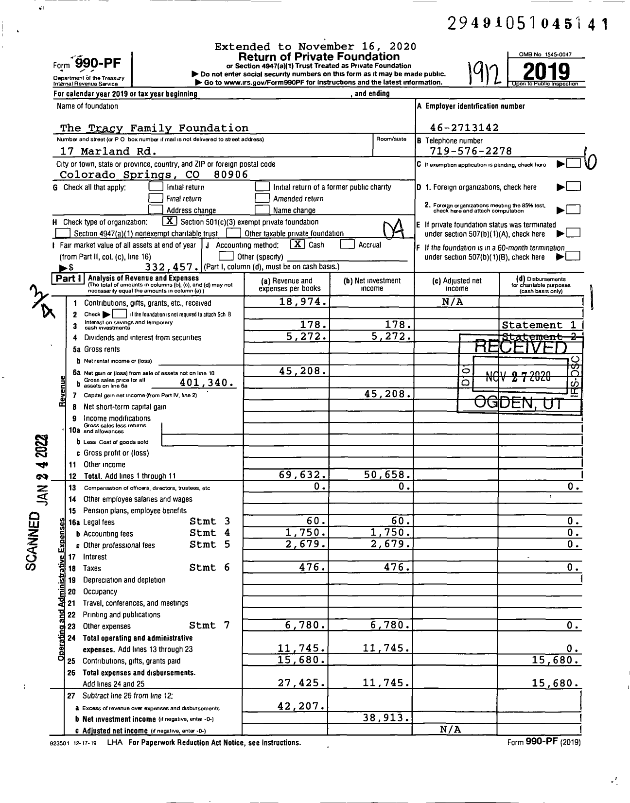 Image of first page of 2019 Form 990PF for The Tracy Family Foundation