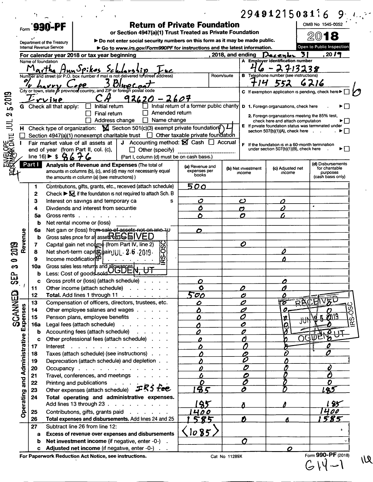 Image of first page of 2019 Form 990PF for Martha Ann Spikes Scholarship