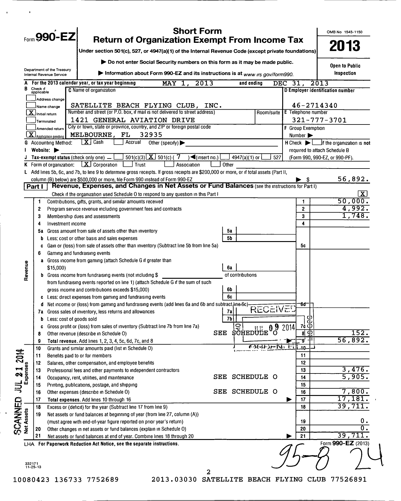 Image of first page of 2013 Form 990EO for Satellite Beach Flying Club