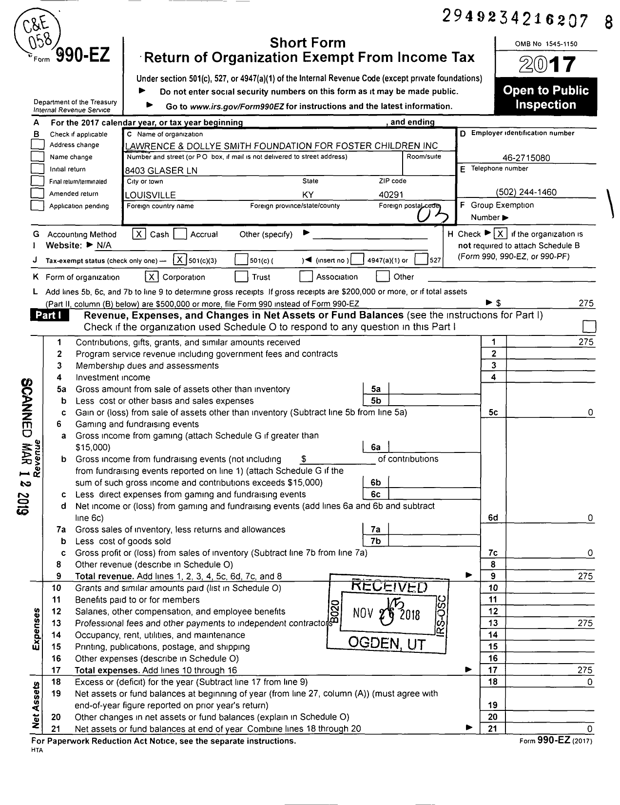 Image of first page of 2017 Form 990EZ for Lawrence and Dollye Smith Foundation