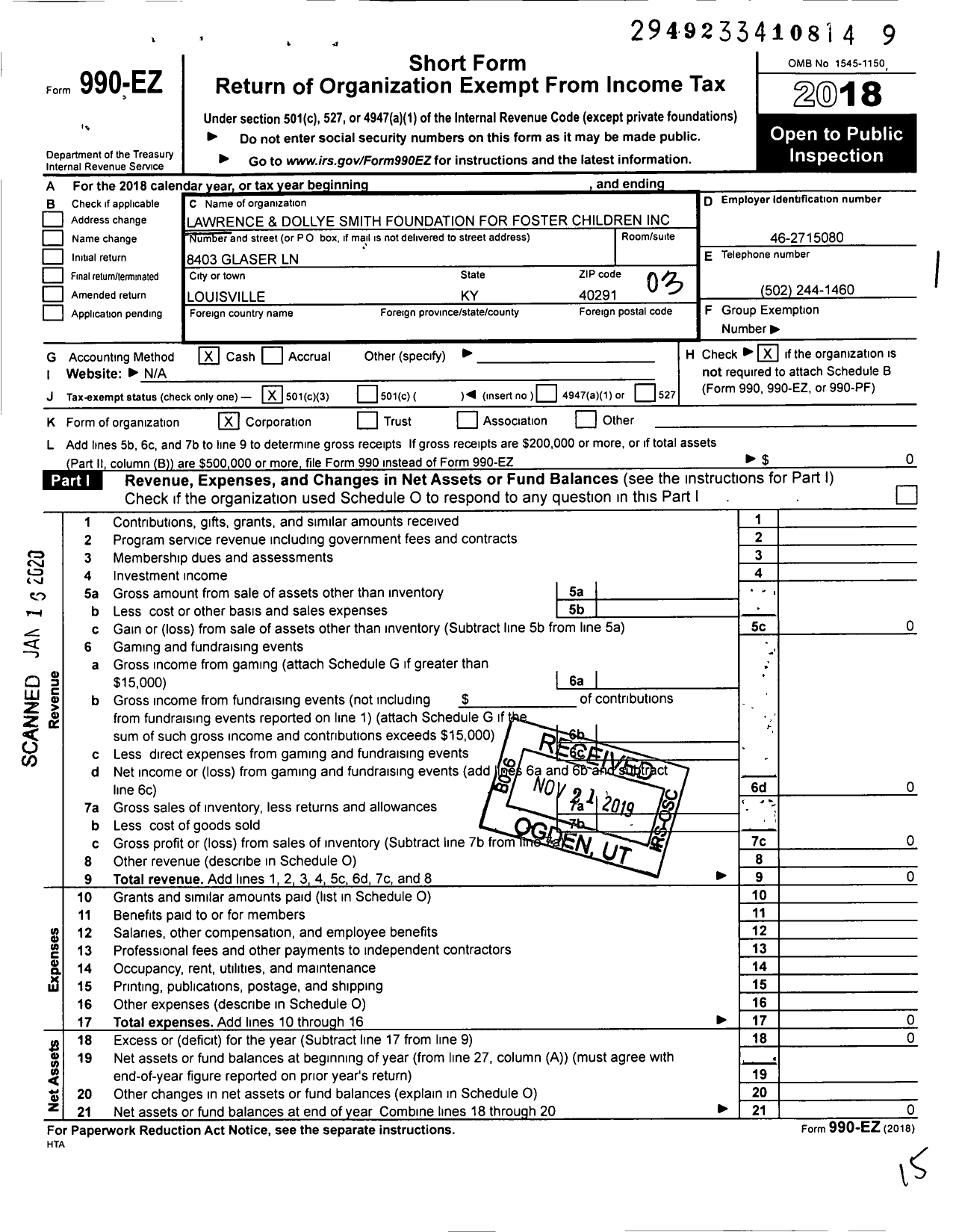 Image of first page of 2018 Form 990EZ for Lawrence and Dollye Smith Foundation