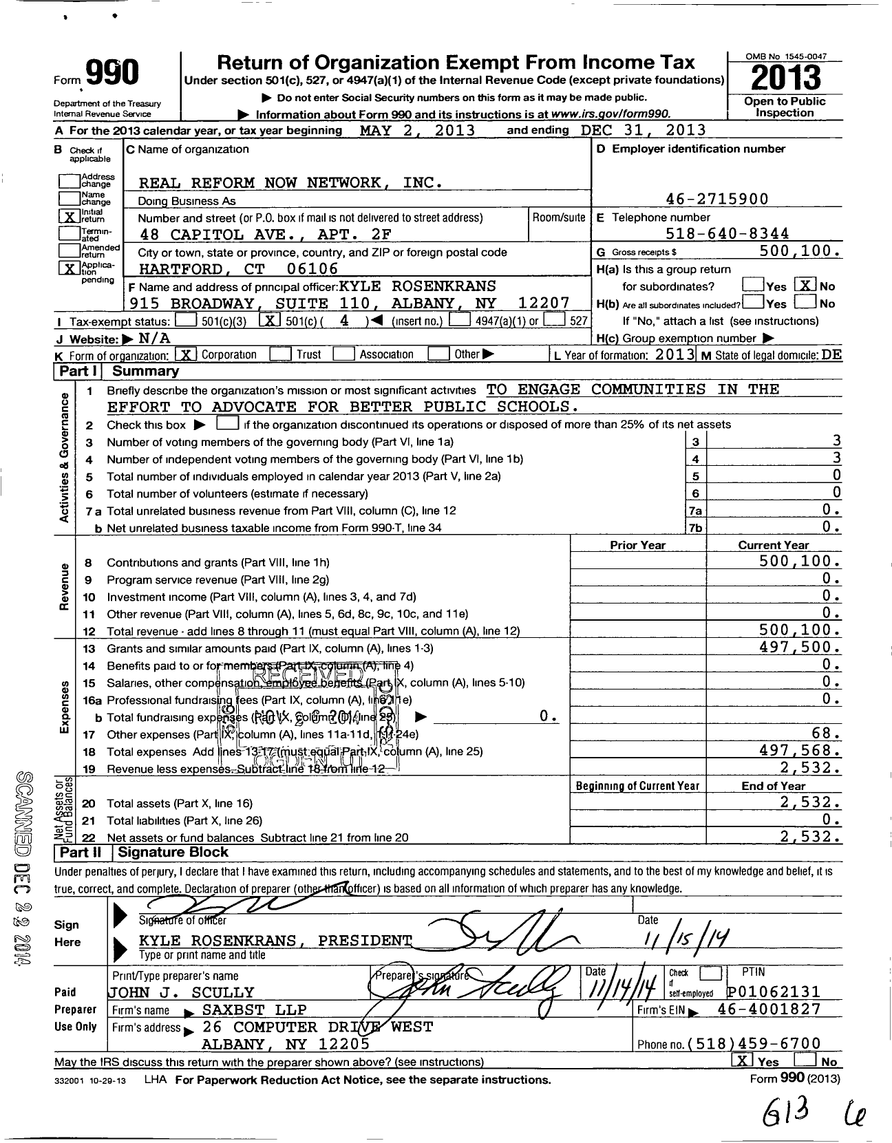 Image of first page of 2013 Form 990O for Real Reform Now Network