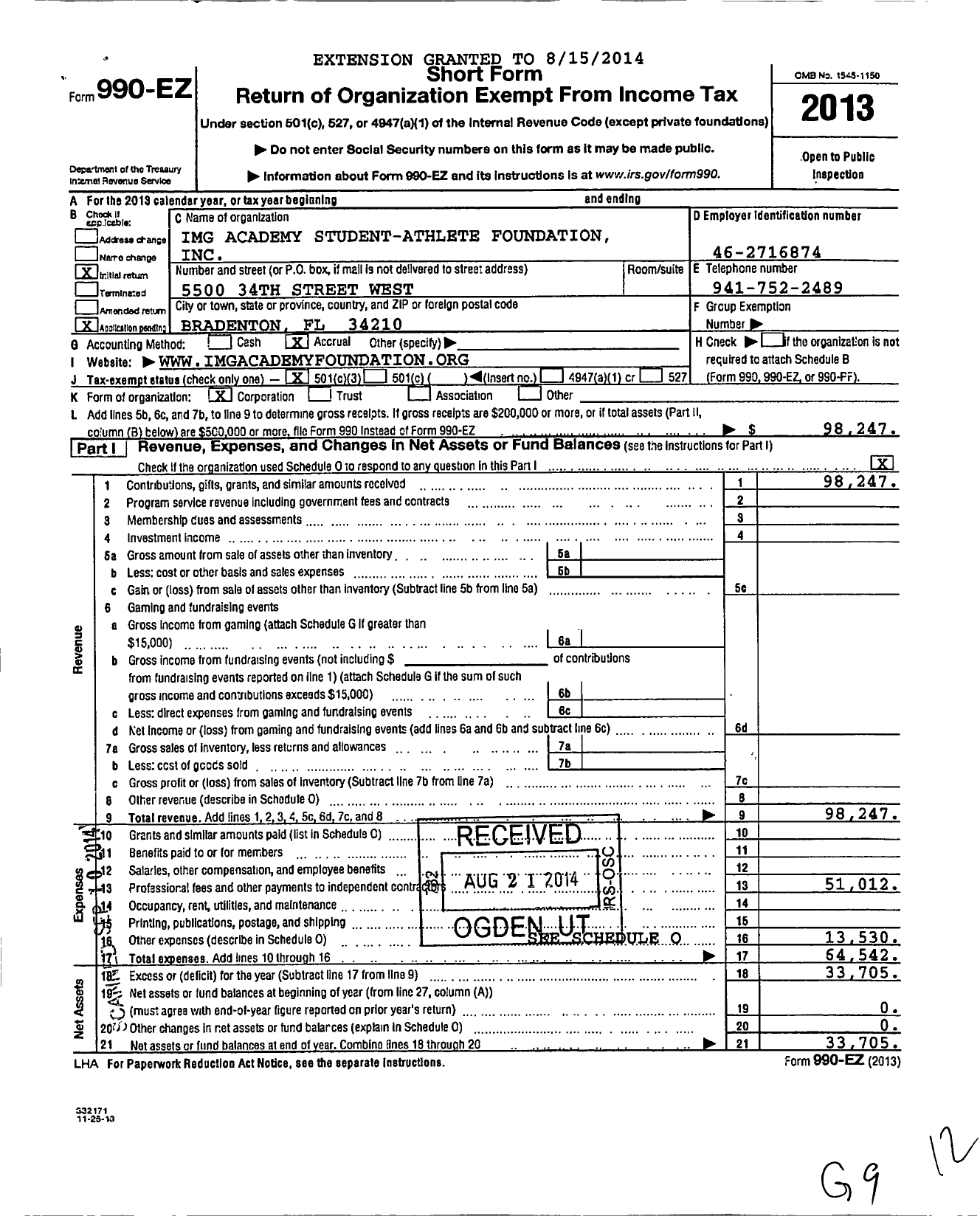 Image of first page of 2013 Form 990EZ for Img Academy Student-Athlete Foundation