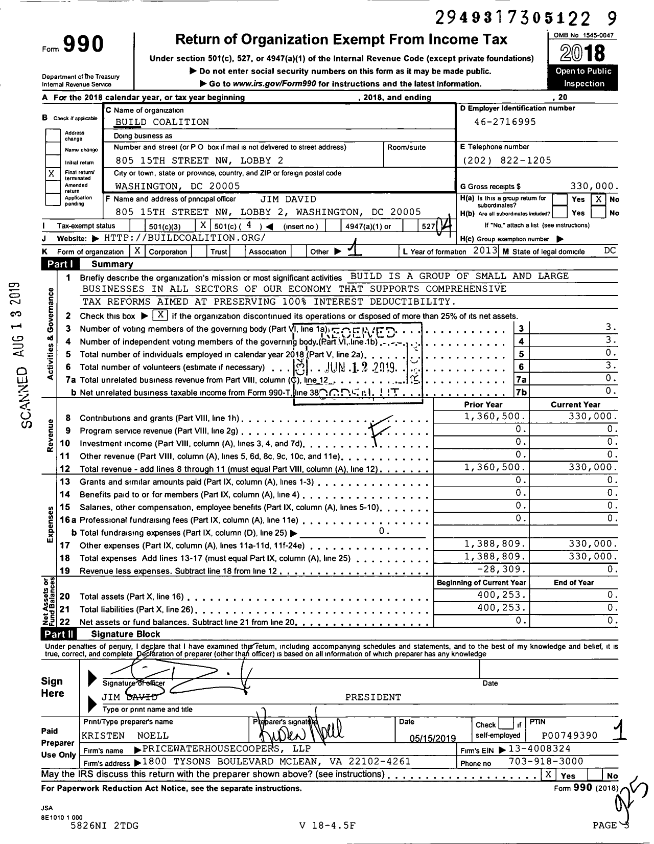 Image of first page of 2018 Form 990O for Build Coalition