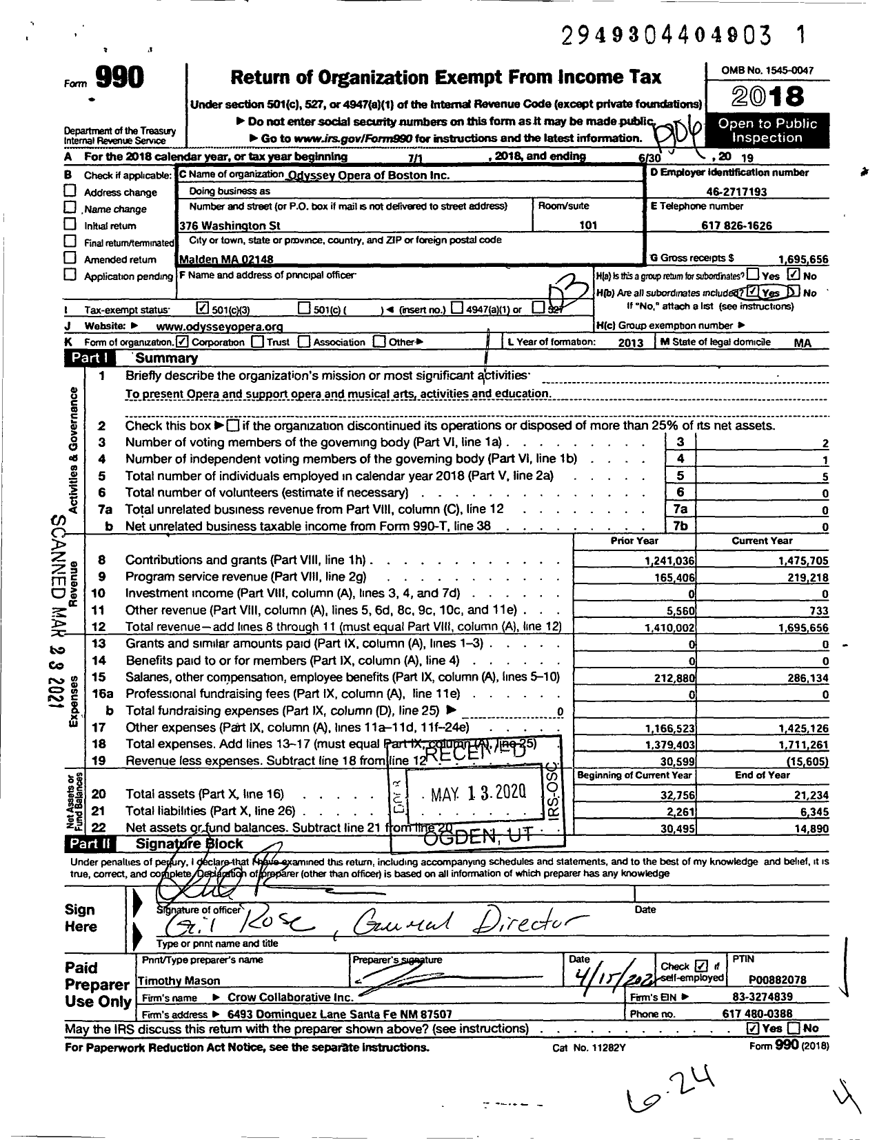 Image of first page of 2018 Form 990 for Odyssey Opera of Boston