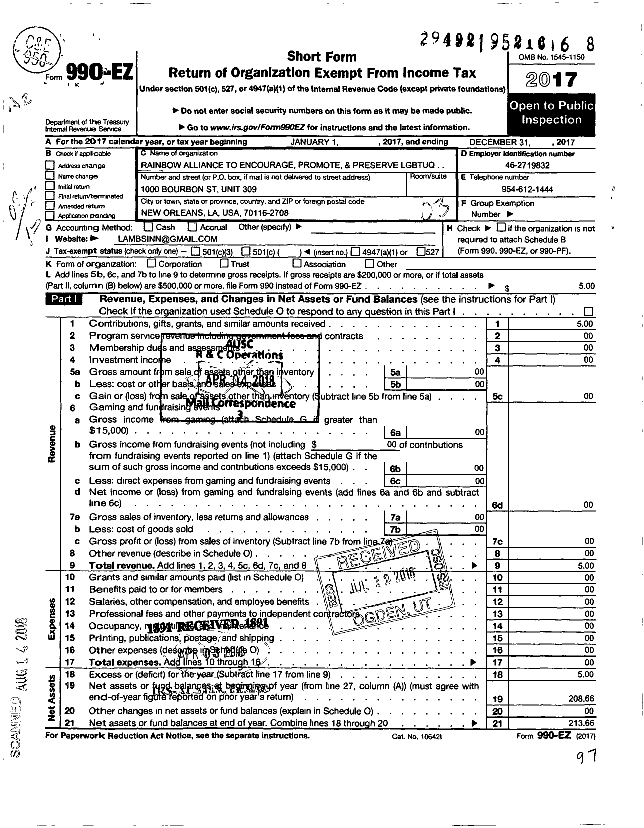 Image of first page of 2017 Form 990EZ for Rainbow Alliance To Encourage Promote and Preserve Lgbtuq