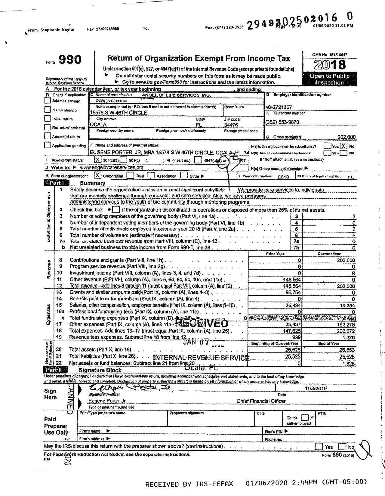 Image of first page of 2018 Form 990 for Angel of Life Services