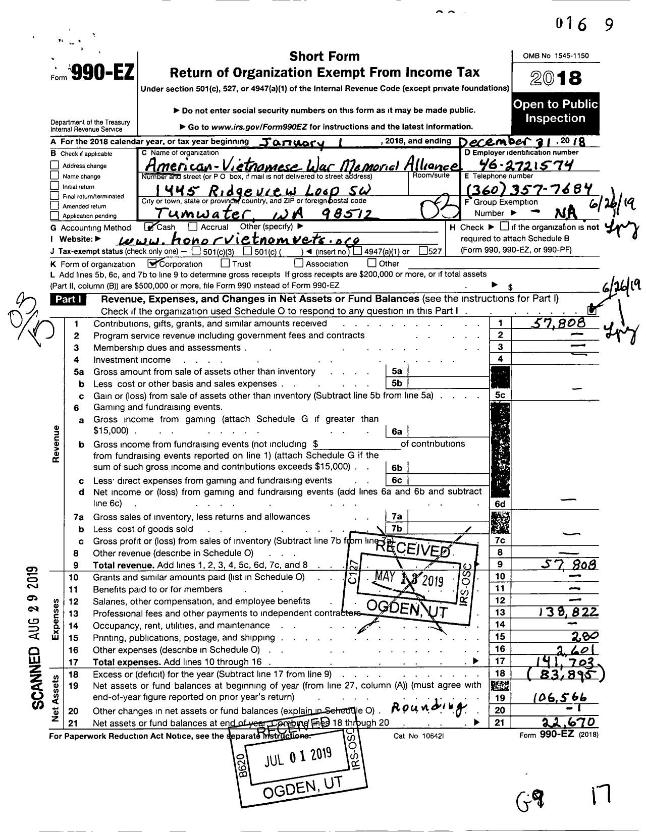 Image of first page of 2018 Form 990EZ for American-Vietnamese War Memorial Alliance