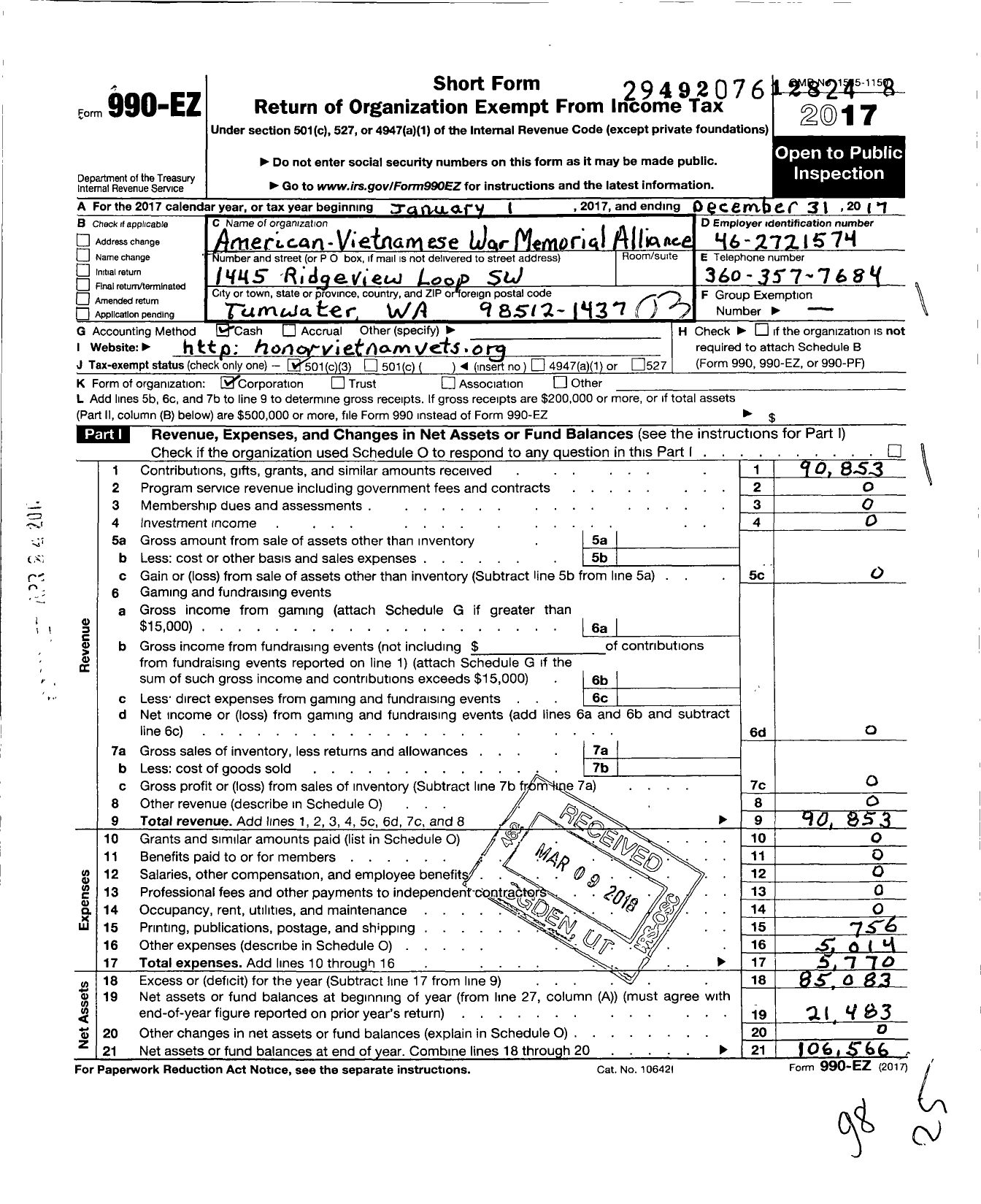 Image of first page of 2017 Form 990EZ for American-Vietnamese War Memorial Alliance