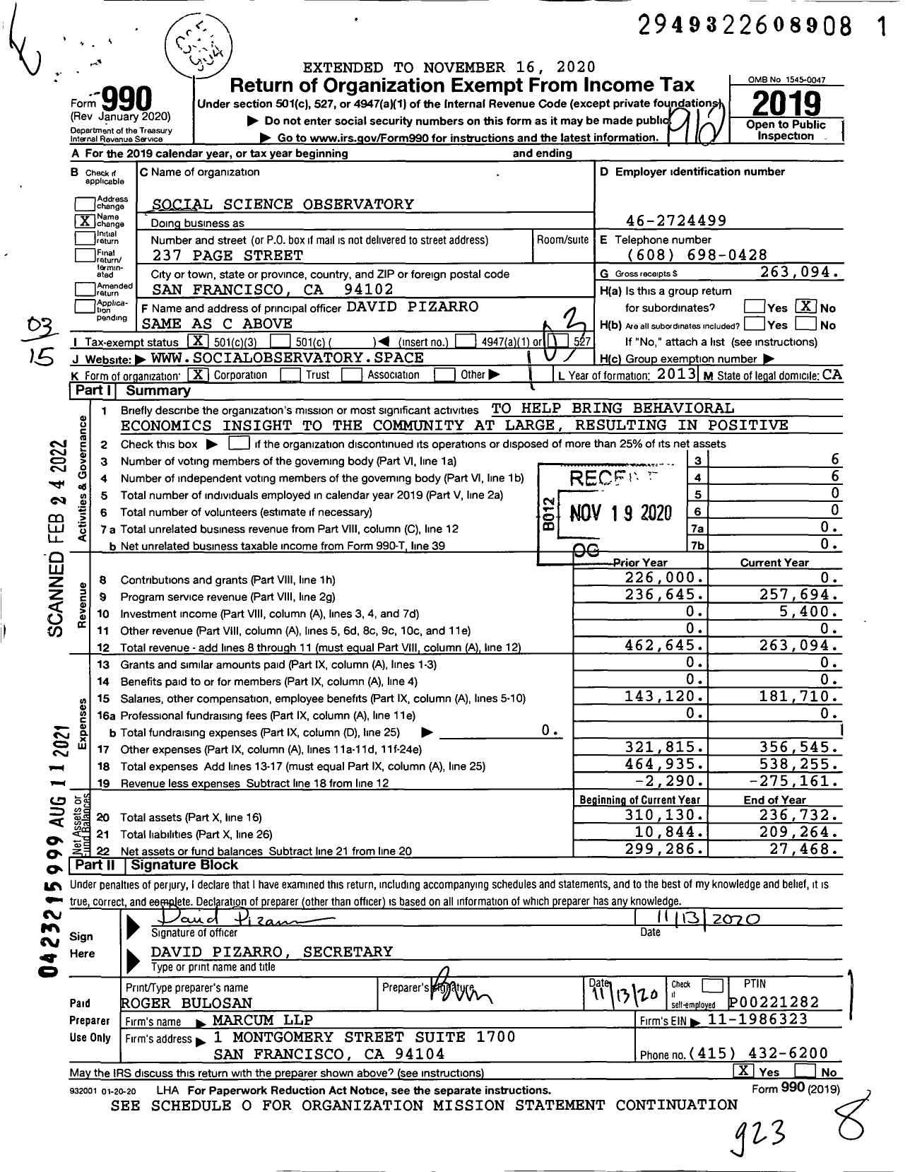 Image of first page of 2019 Form 990 for Social Science Observatory