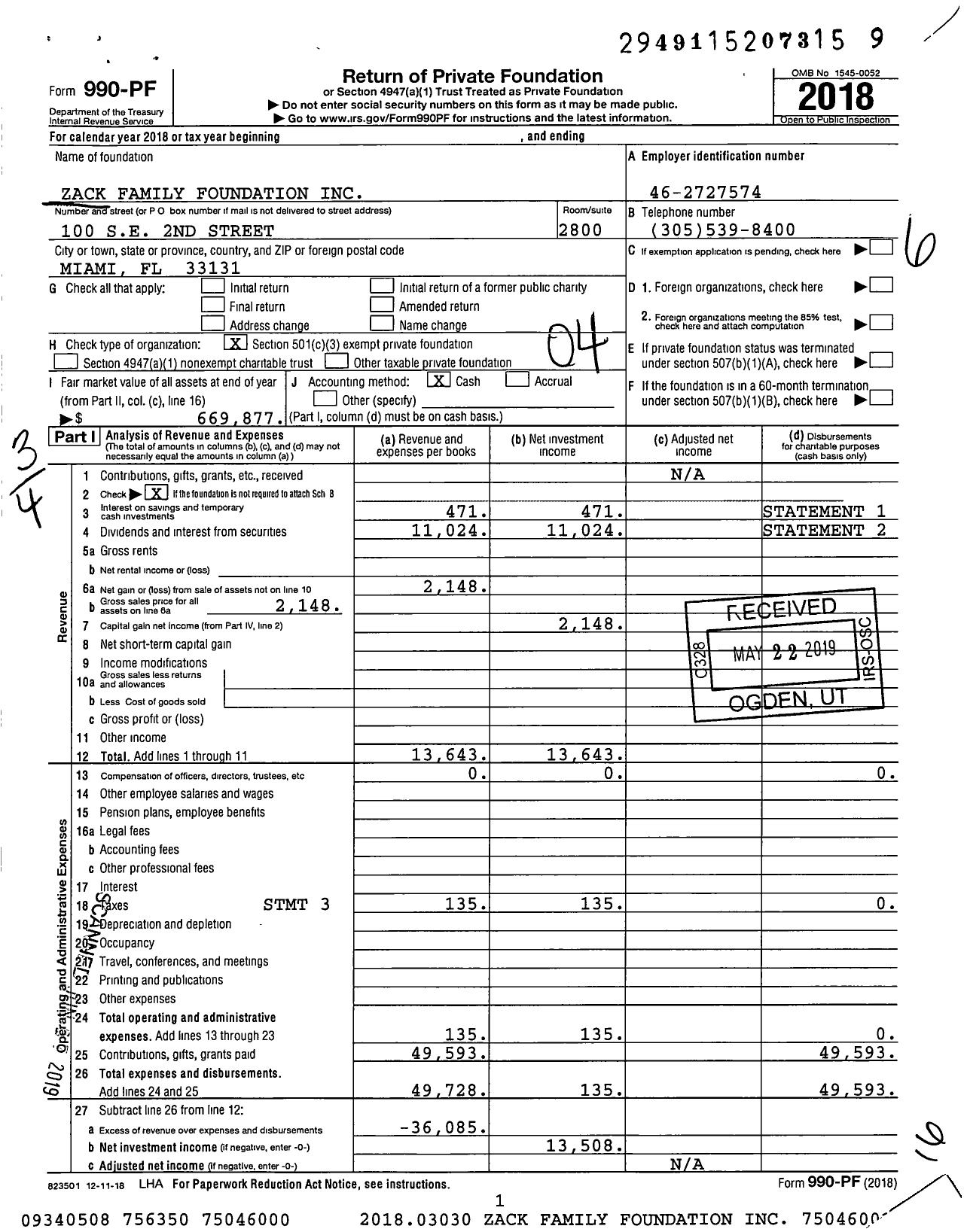 Image of first page of 2018 Form 990PF for Zack Family Foundation