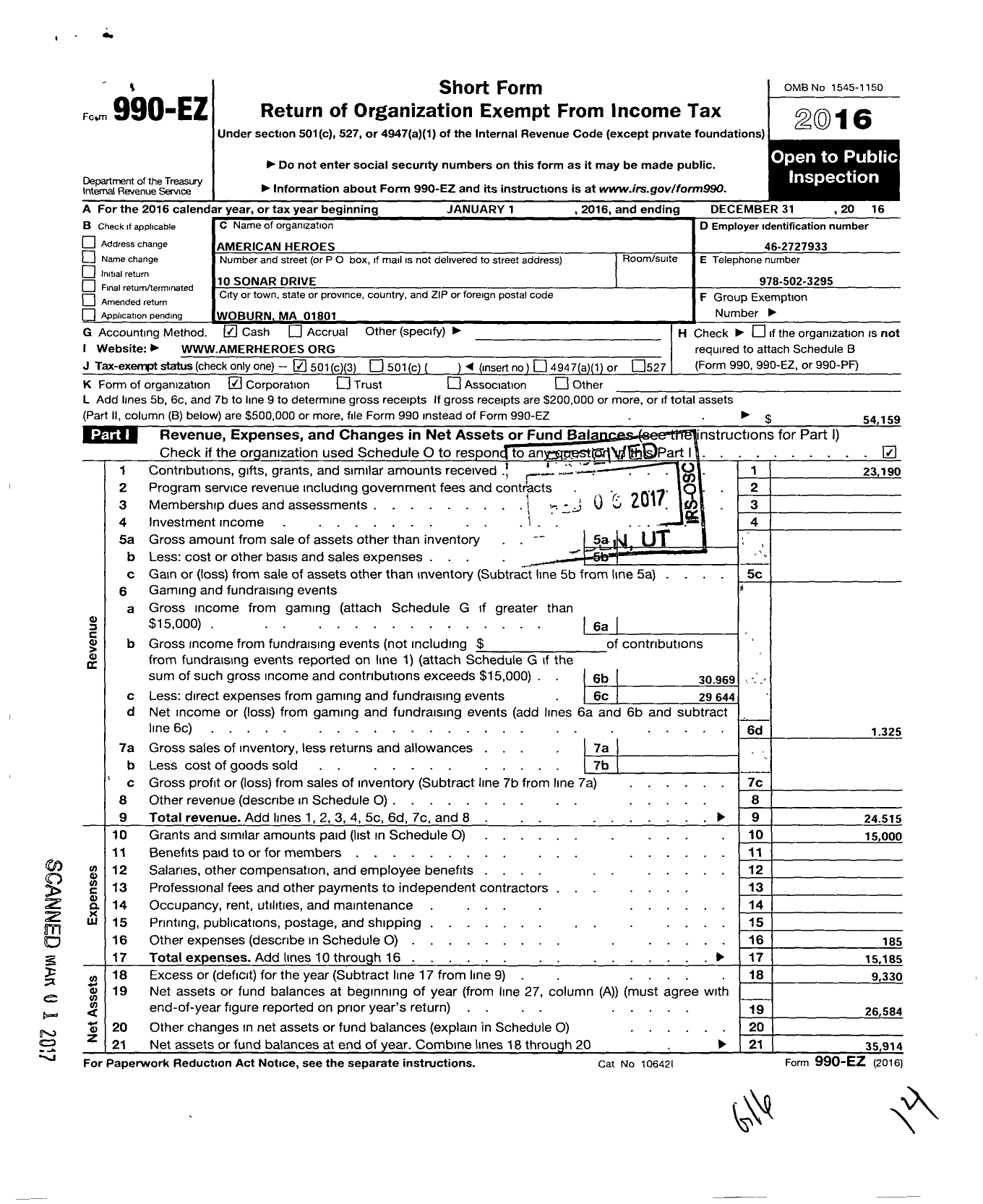 Image of first page of 2016 Form 990EZ for American Heroes