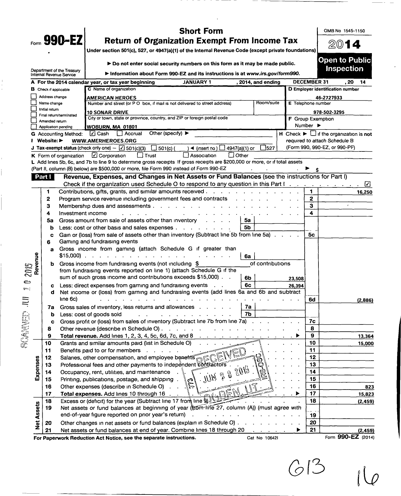 Image of first page of 2014 Form 990EZ for American Heroes