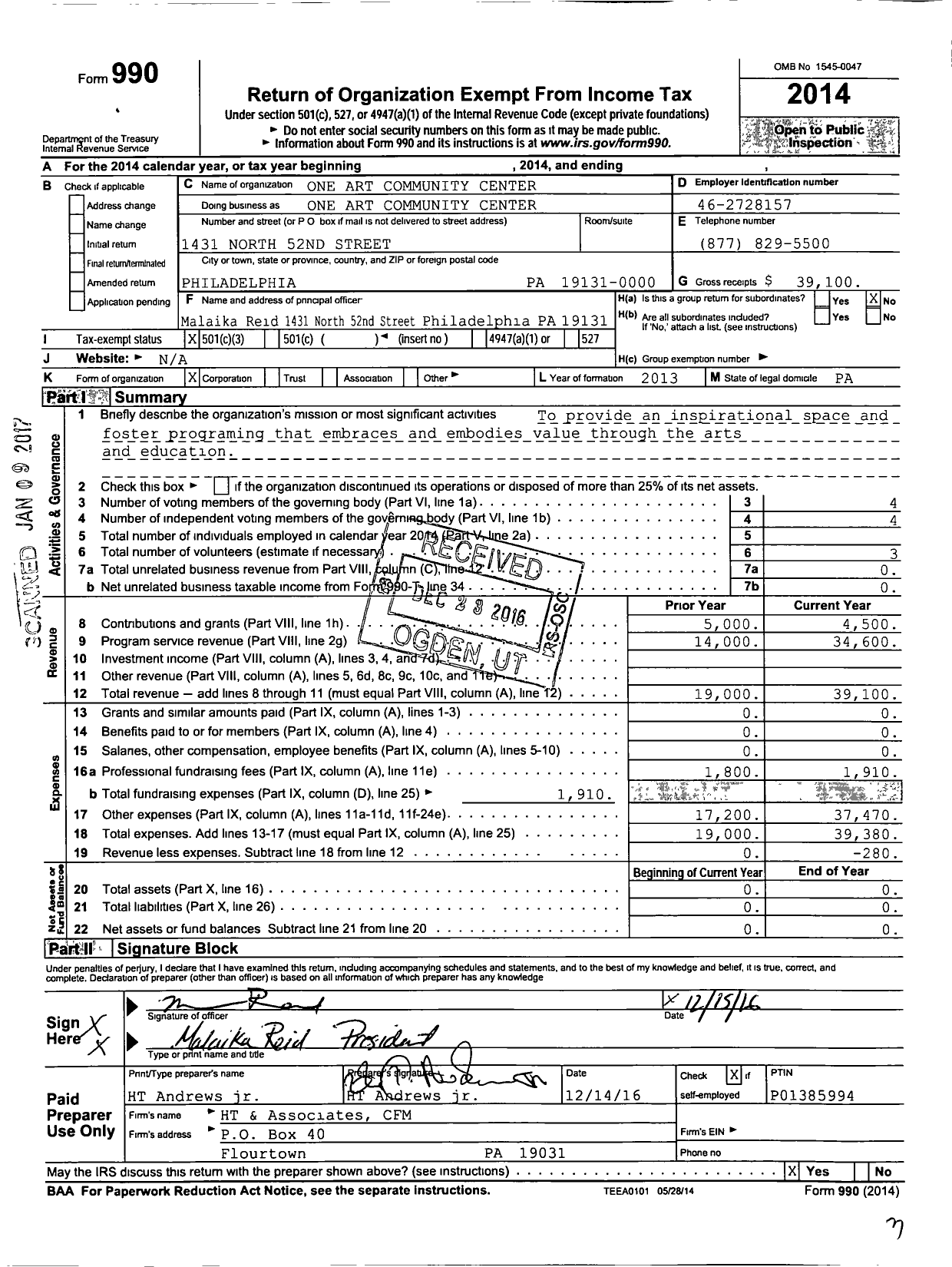 Image of first page of 2014 Form 990 for One Art Community Center