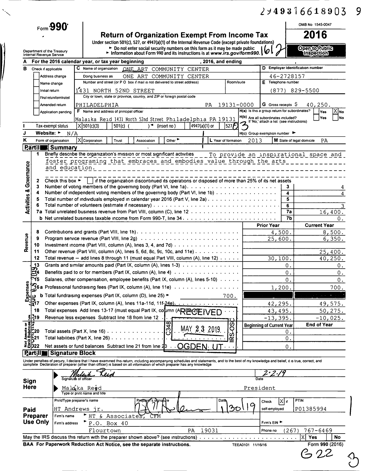 Image of first page of 2016 Form 990 for One Art Community Center