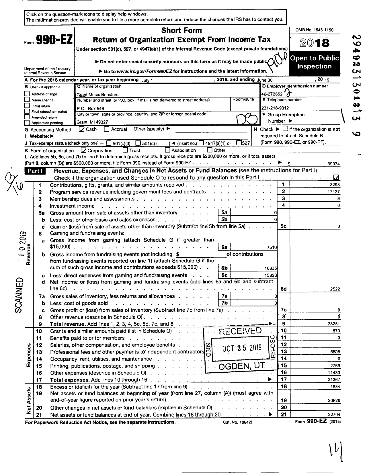 Image of first page of 2018 Form 990EZ for Grant Music Boosters