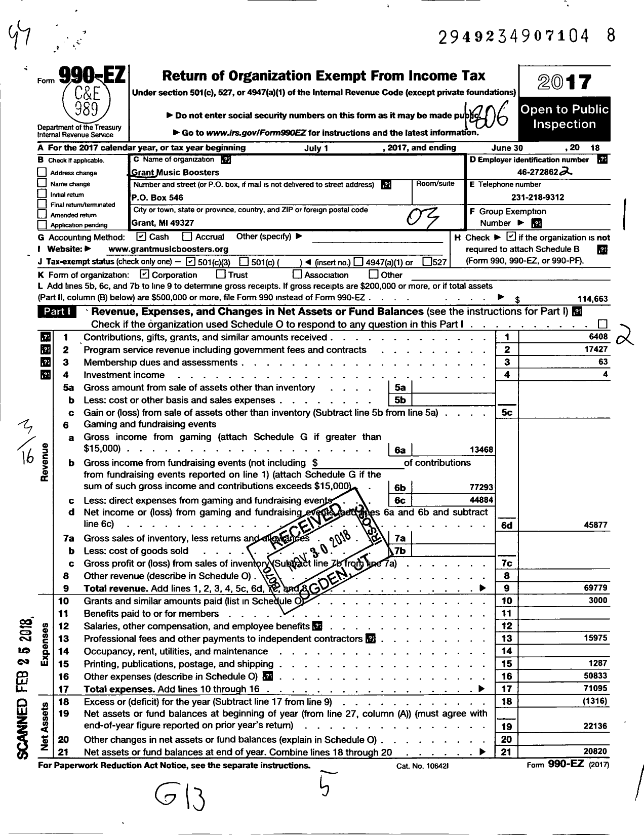 Image of first page of 2017 Form 990EZ for Grant Music Boosters