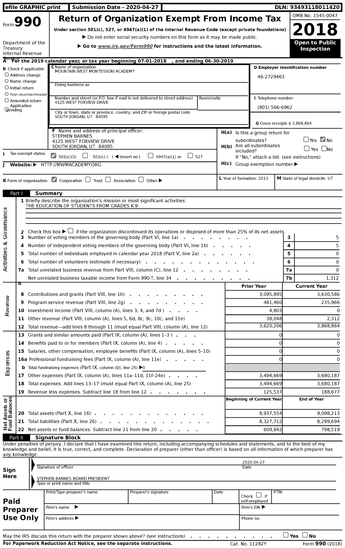 Image of first page of 2018 Form 990 for Mountain West Montessori Academy