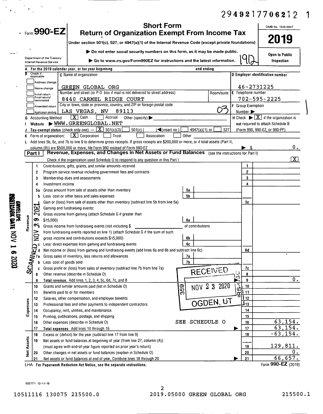 Image of first page of 2019 Form 990EZ for Green Global Org