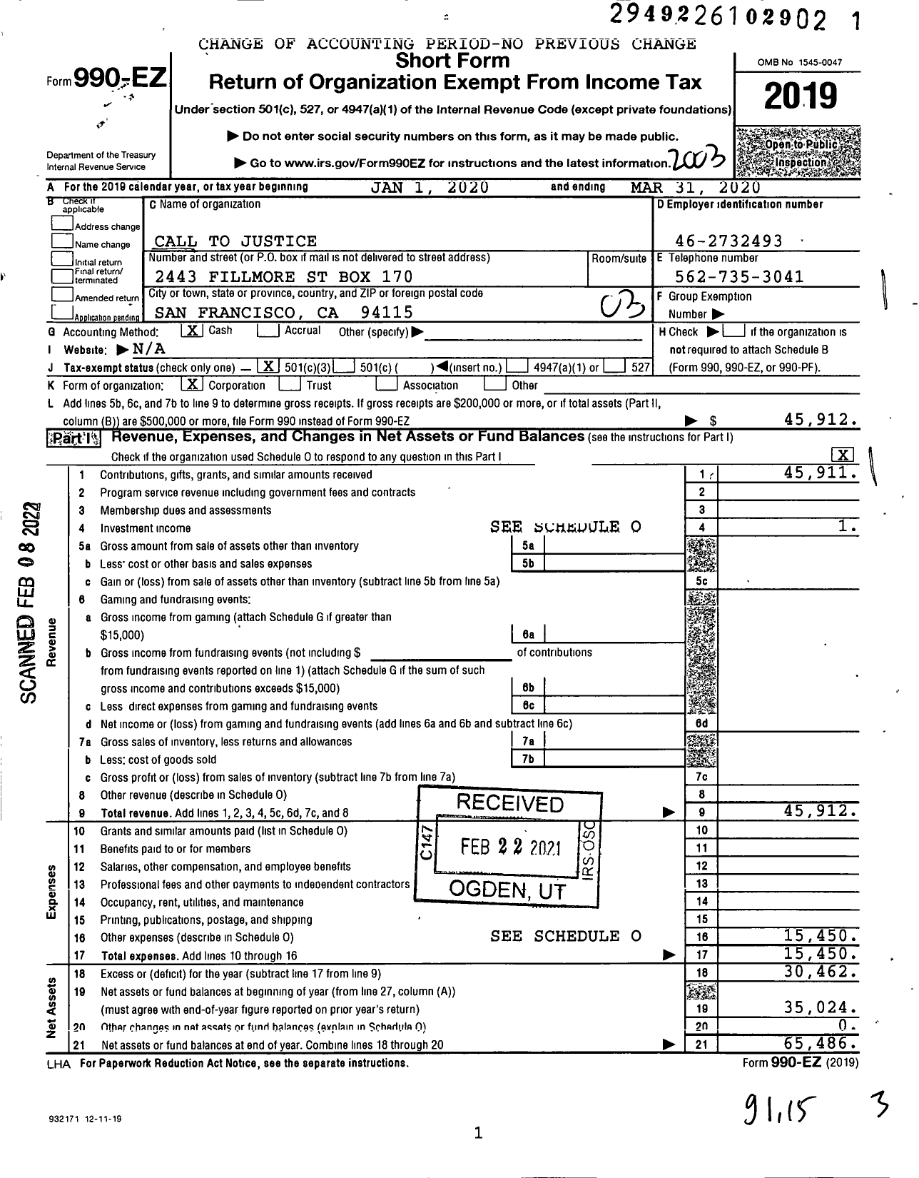 Image of first page of 2019 Form 990EZ for Call To Justice