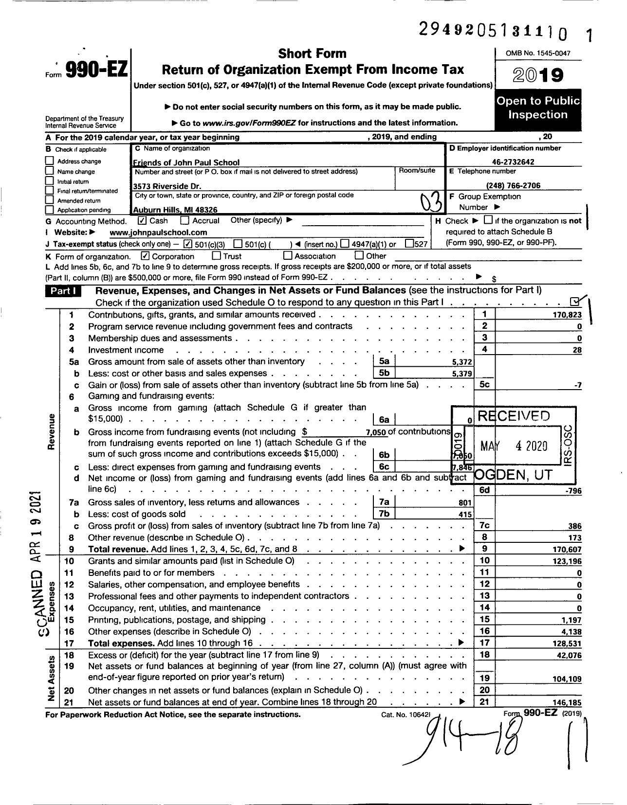 Image of first page of 2019 Form 990EZ for Friends of John Paul School