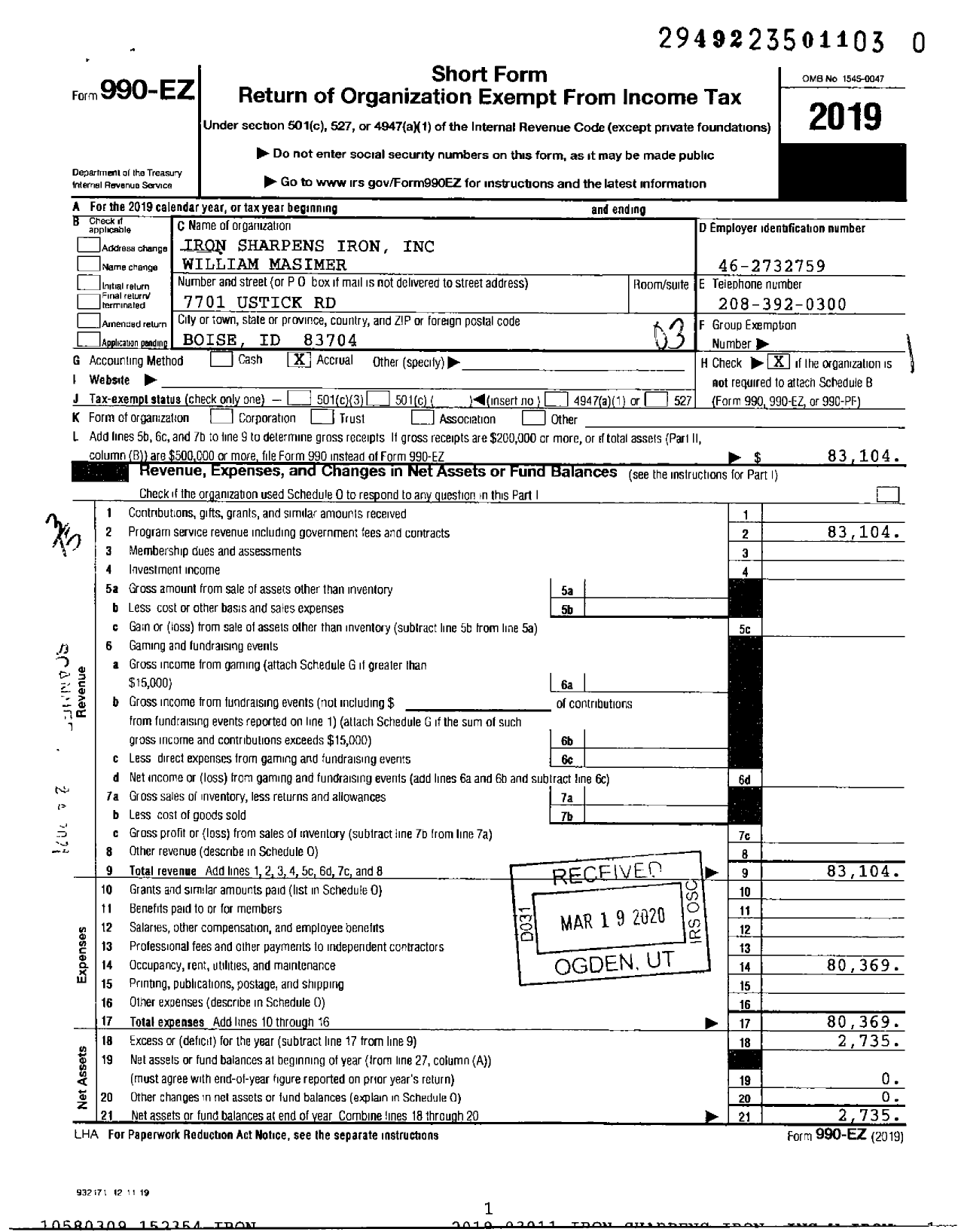 Image of first page of 2019 Form 990EZ for Iron Sharpens Iron William Masimer