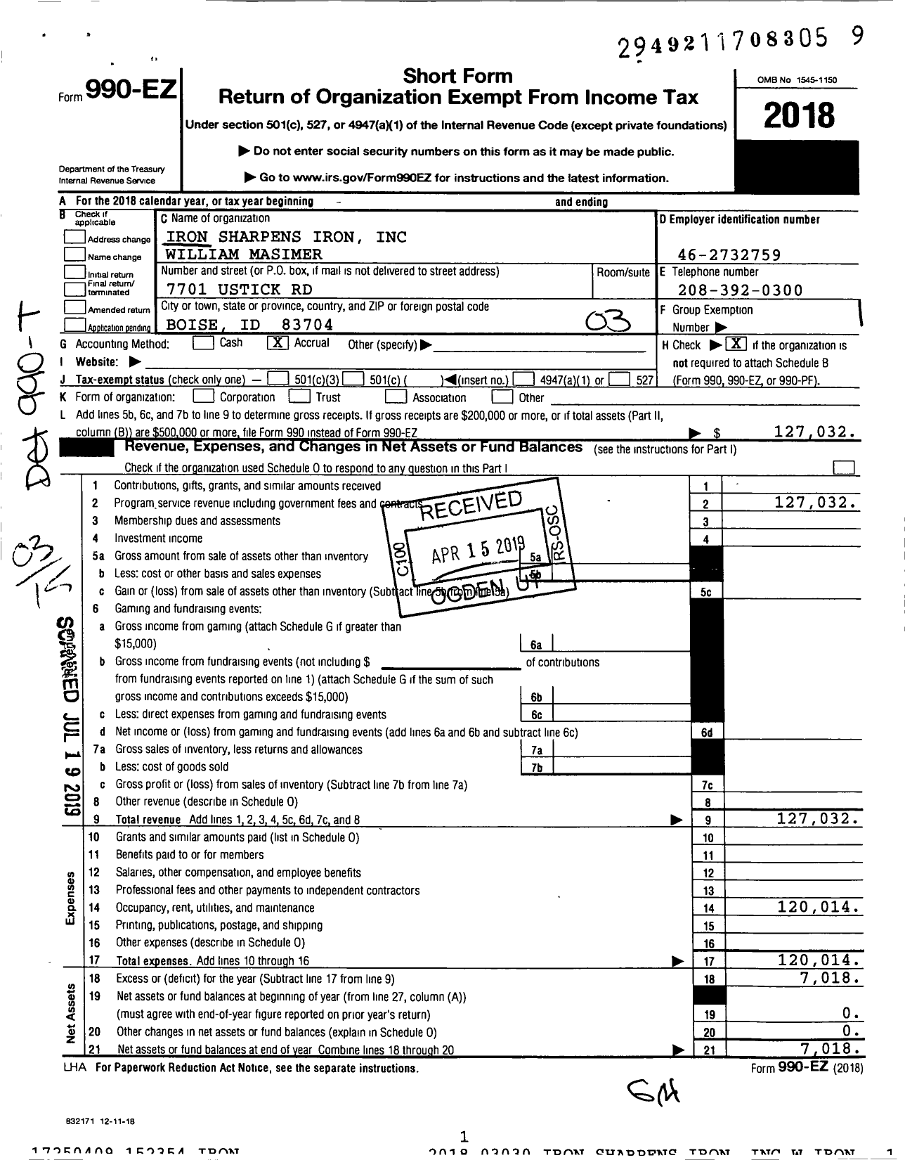 Image of first page of 2018 Form 990EZ for Iron Sharpens Iron William Masimer