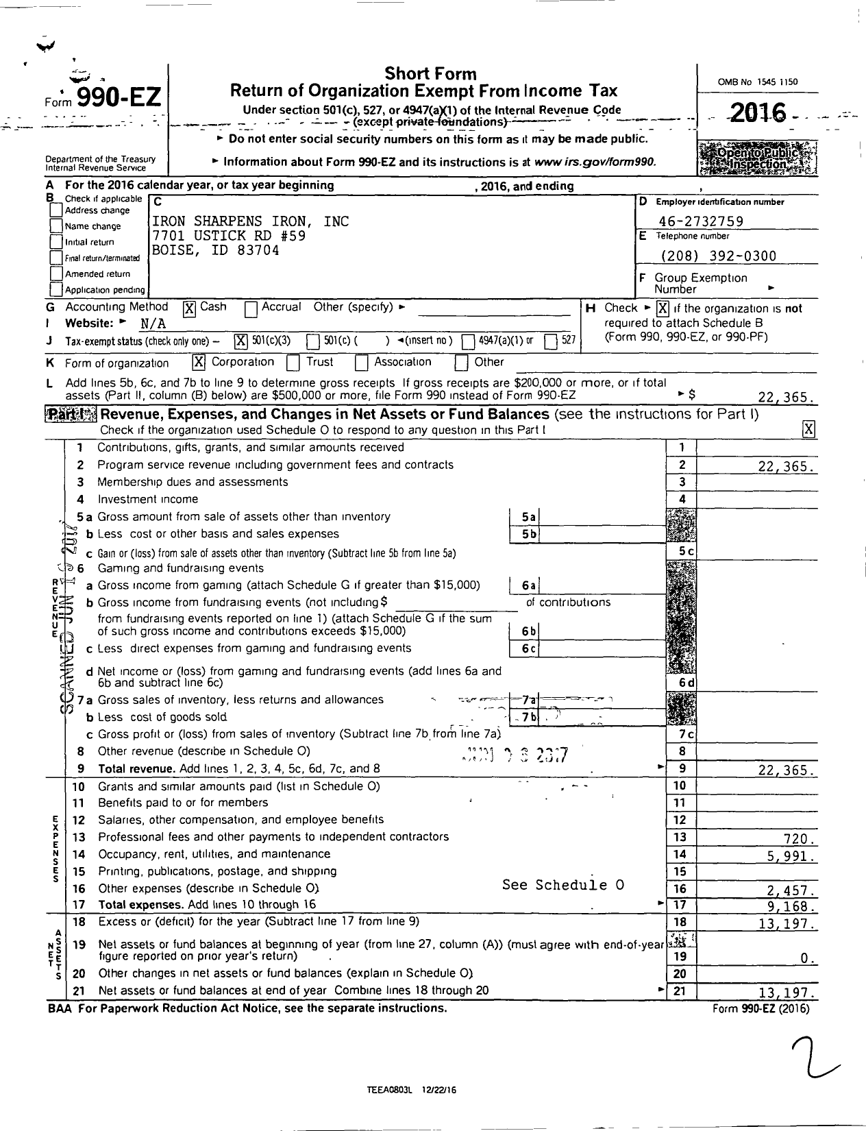 Image of first page of 2016 Form 990EZ for Iron Sharpens Iron William Masimer