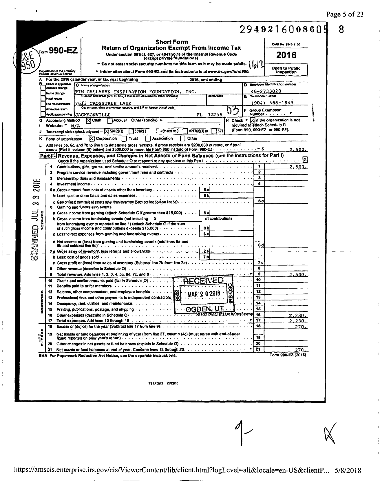 Image of first page of 2016 Form 990EZ for Tim Callahan Inspiration Foundation